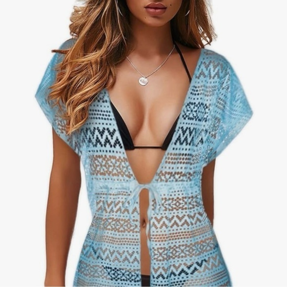 Aqua - Teal Crocheted Kimono Cardigan Beach Coverup!